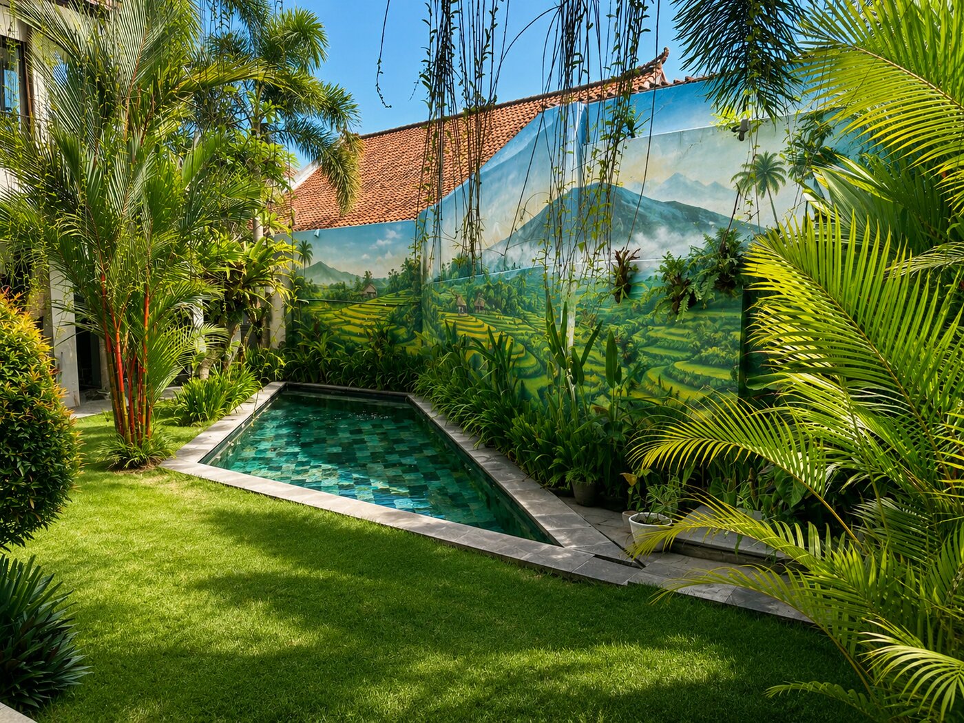 Pool und Garten mit Reisterrassen-Wandgemälde nach der Aufwertung